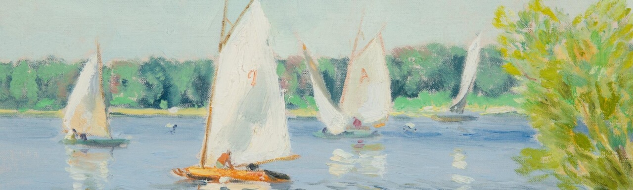 impressionist painting of sailboats on a lake
